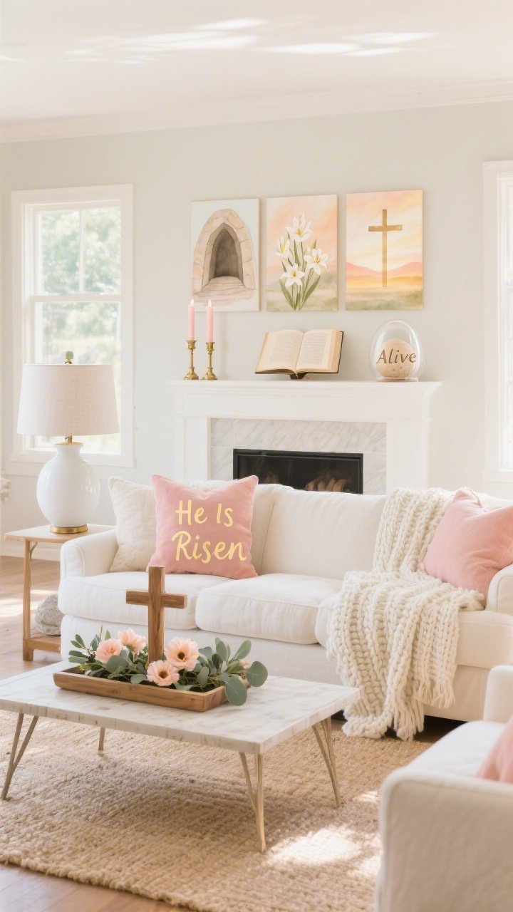 Wide shot, Soft Sunrise Living Room Sanctuary: an airy living room in warm whites and buttery creams with accents of blush, pale gold, and sunrise peach; linen sofa layered with ivory chunky knit throw and blush/peach pillows stenciled “He Is Risen” in soft gold fabric paint; coffee table displays a low wooden tray with a DIY oak cross centerpiece encircled by eucalyptus and silk anemones; above the mantel, a watercolor triptych (empty tomb, lilies, simple cross); mantel styled with brass candlesticks holding blush tapers, an open Bible at Luke 24, and a glass cloche over an egg-shaped stone stamped “Alive”; pale jute rug underfoot; soft ambient glow from a white ceramic lamp with linen shade; early-morning, gentle sunlight, hopeful and reverent mood; no people, photorealistic.
