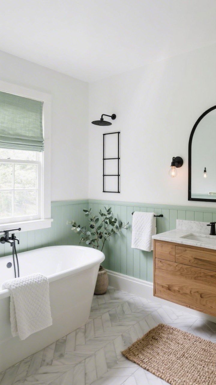 Wide shot, spa-like bathroom, daylight: lower walls in sage beadboard with a slim ledge, upper walls crisp white; freestanding tub beneath a window dressed in light-filtering soft-sage roman shades; matte black accents—arched black mirror, exposed-bulb sconces, slim black shower frame; white herringbone tile floor; natural oak vanity with white quartz top; plush white towels, sage waffle hand towels, flax bath mat; single eucalyptus stem in a small vase; bright yet tranquil atmosphere; no people; photorealistic.