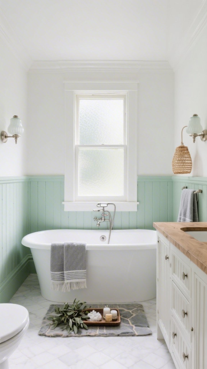 Wide shot, spa-serene bathroom with mint green beadboard wainscoting in semi-gloss and glossy white walls above, high-gleam trim. Center a freestanding tub beneath a frosted window; include a white oak vanity with fluted detailing. Brushed nickel fixtures throughout for a soft sheen. Layer Turkish towels in soft gray, a stone bath mat, and a tray with bath salts and eucalyptus. Large-format matte white floor tiles for a seamless look. Milk-glass sconces and a small rattan pendant provide calm, diffused lighting. Fresh, tranquil mood, photorealistic.