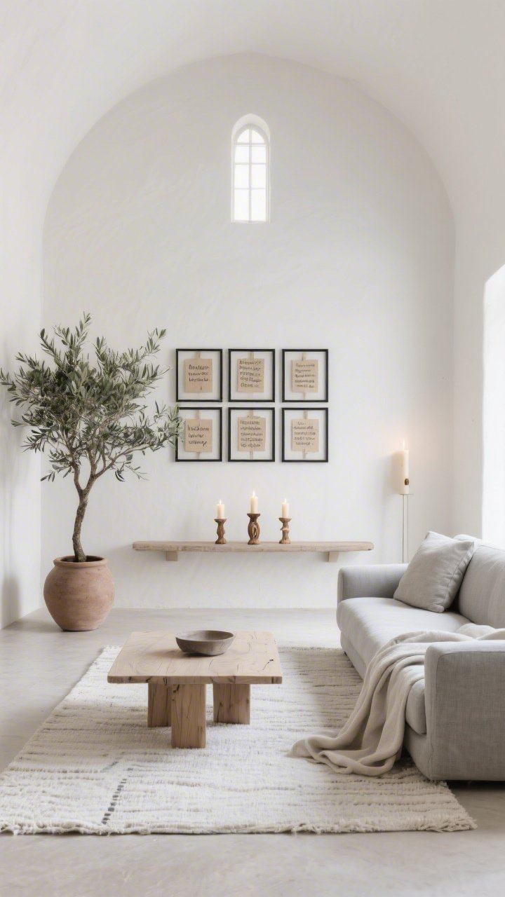 Wide shot, straight-on: A calm “Modern Monastery” living room in soft whites with a low-profile linen sofa in stone gray, a bleached oak coffee table on an ivory flatweave rug, thin black-framed grid gallery of small handmade-paper verses on the wall, a long console holding three carved wooden candleholders with beeswax tapers glowing warmly, muted accents in sage, charcoal, and bone, an oversized olive tree in a clay vessel, and a neatly draped linen throw; soft, chapel-like ambient lighting, minimal clutter, clean lines.