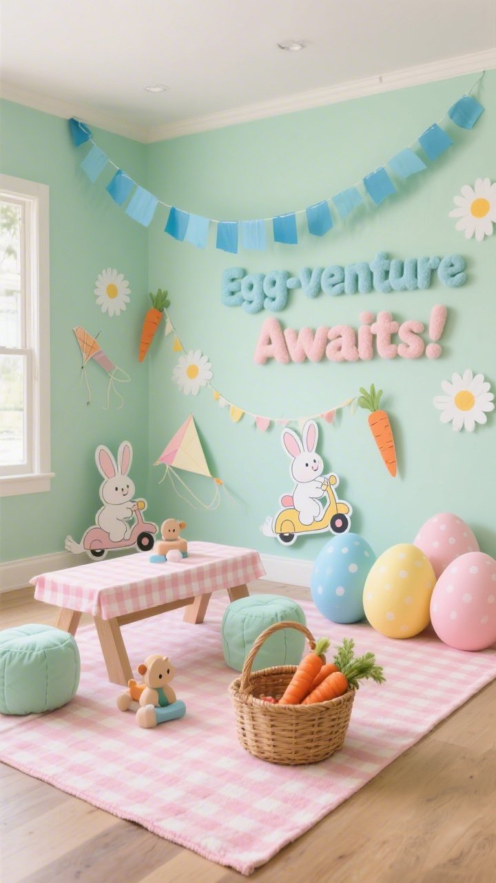 Wide shot, straight-on: A cheerful indoor “Pastel Park Picnic Party” scene with a mint green wall and a sky-blue paper garland swooping across the top. A soft pink gingham rug spreads on the floor with a low picnic bench, kid-sized poufs, and a woven toy basket. A picnic basket overflows with plush carrots. A photo-ready cluster of oversized eggs in sherbet hues (mint, sky blue, butter yellow, blush) sits to one side. Cardboard cutouts of cartoon bunnies riding scooters and flying kites add whimsy. Puffy-letter sign reads “Egg-venture Awaits!” Dotted daisy decals trail along the wall. Soft, even natural-style lighting; photorealistic textures of gingham fabric, paper garland, and plush carrots.