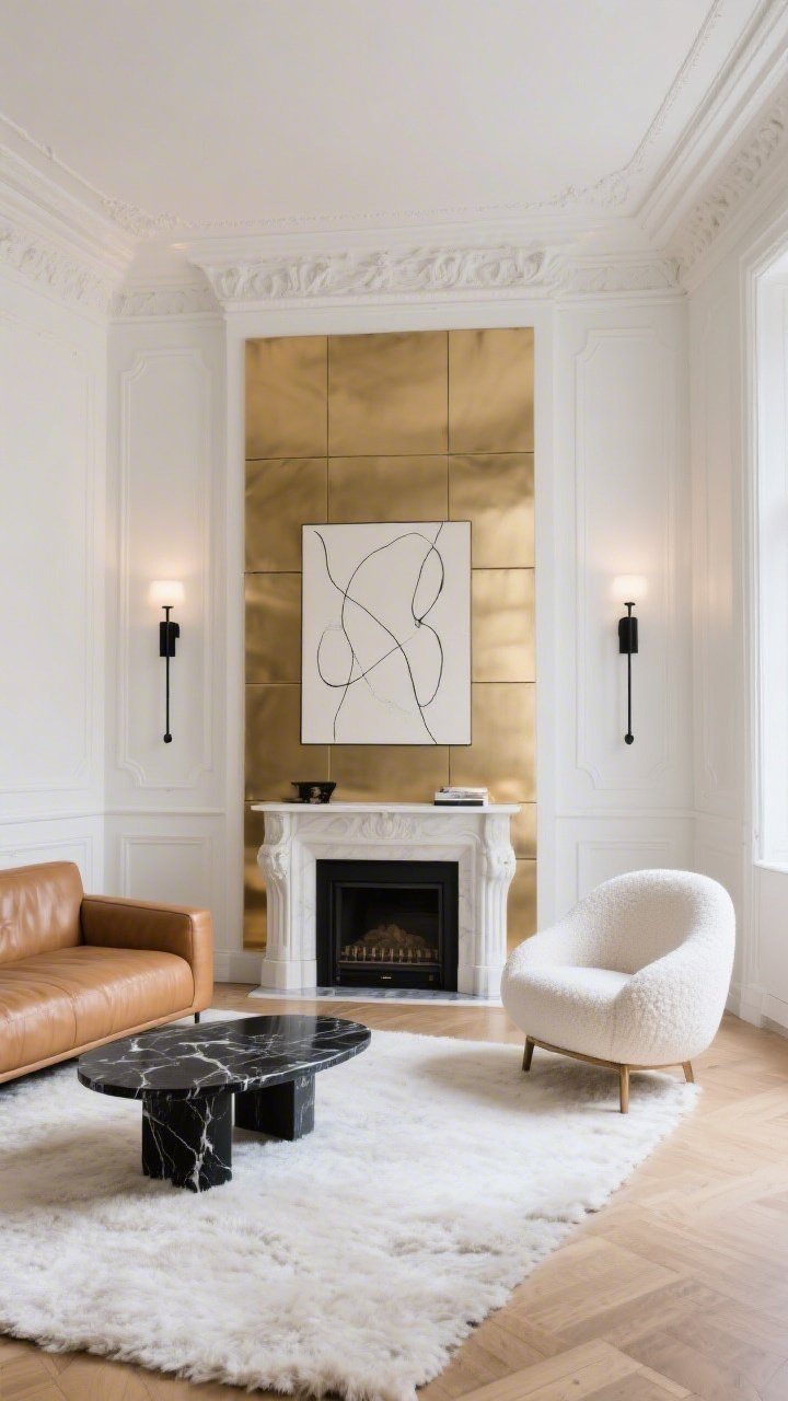 Wide shot, straight-on: A modern Parisian living room with creamy white walls, tall ceilings, and crown molding, featuring one full wall in matte-satin brushed gold paneling that softly catches warm 2700K light. Anchor with a low camel leather sofa and a curvy ivory bouclé accent chair. A black marble coffee table sits centered on a plush ivory wool rug. Slim black sconces flank a minimalist mantel; a large abstract canvas with soft charcoal lines hangs above. Palette: creamy whites, camel, matte black, brushed gold. Photorealistic, elegant, airy, lived-in European vibe.