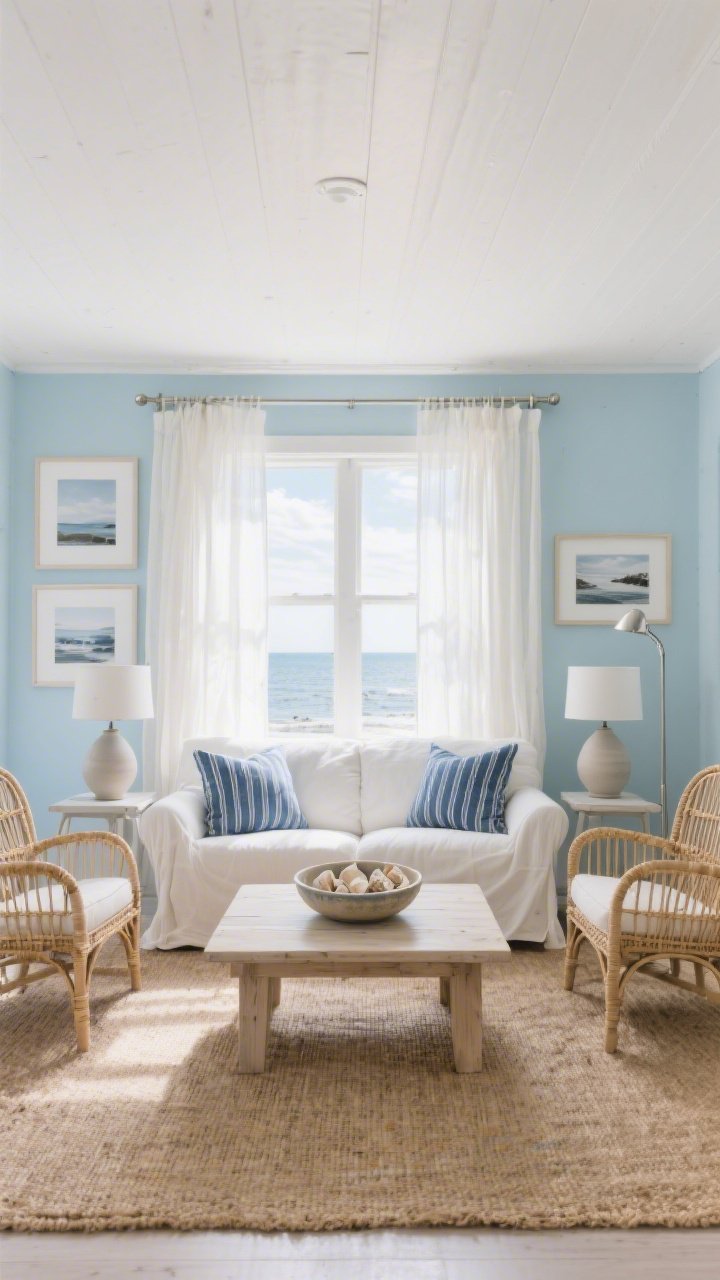 Wide shot, straight-on: A powder-blue coastal living room with cloudy white ceiling, sunlit through gauzy white drapes. A warm white linen slipcovered sofa centered, flanked by two natural rattan armchairs. A bleached oak coffee table holds a shallow ceramic bowl of seashells. Jute rug underfoot, matte ceramic lamps on simple side tables, brushed nickel curtain rods, slim brushed nickel floor lamp. Accent colors appear as sand and seafoam with a touch of ink blue in striped pillows. Framed coastal photography with wide white mats on the powder-blue walls. Bright, airy, quietly coastal mood, photorealistic.