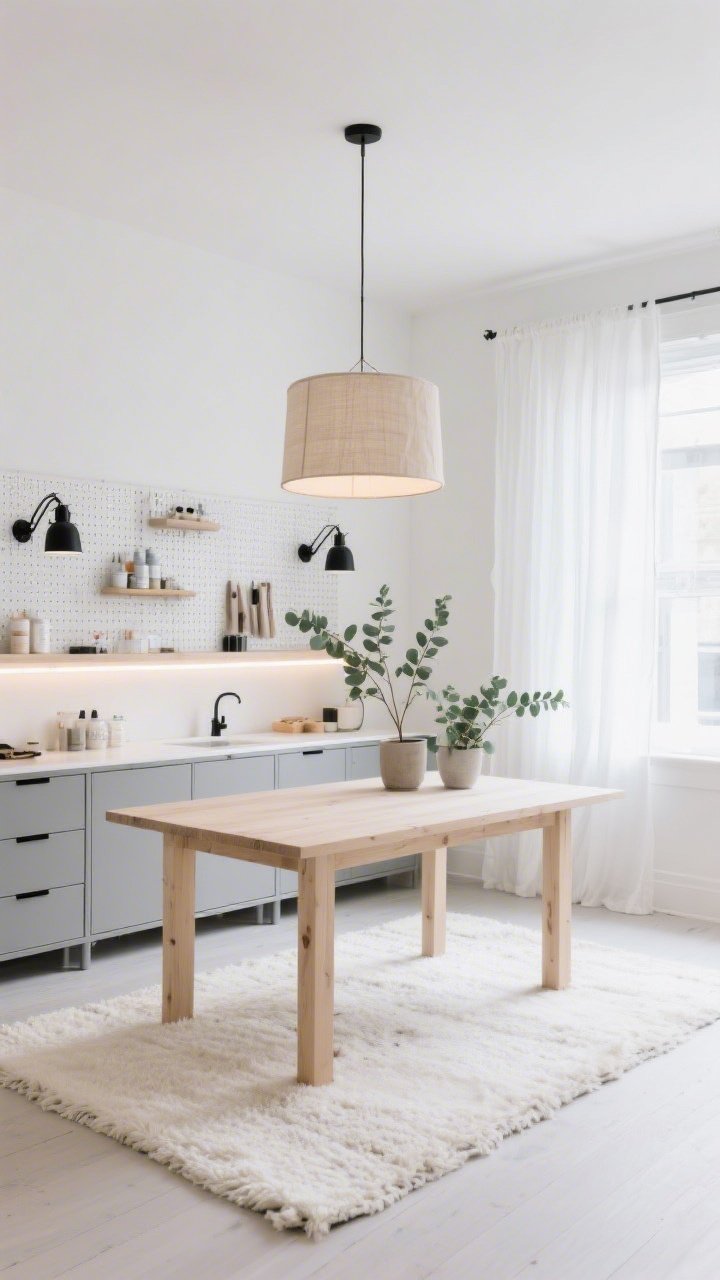 Wide shot, straight-on: A Scandinavian Sunlight Studio craft room with smooth white walls, a pale ash wood worktable centered on an ivory wool rug, soft gray flat-front cabinetry, matte black accents, and eucalyptus plants in simple planters. Lighting layers include a large oatmeal-linen drum pendant casting a diffused glow over the main table, warm-white LED strips tucked neatly beneath floating shelf lips washing supplies softly, and two adjustable matte black swing-arm sconces flanking a pegboard. Sheer linen curtains filter daylight to avoid harsh shadows. Color palette: white, pale wood, soft gray, black touches, eucalyptus green. Photorealistic, calm and minimal.