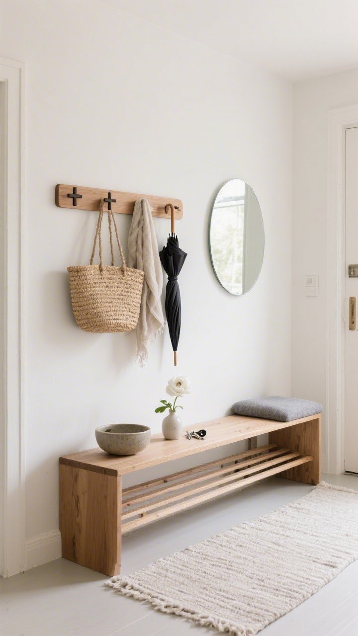 Wide shot, straight-on entryway: Scandinavian minimal entry painted warm white with a pale, textured runner. Narrow oak console with rounded corners; above it, a custom oak peg rail featuring three small cross-shaped pegs mixed among standard pegs, holding a straw tote, light scarf, and a black umbrella. Frameless beveled oval mirror reflects soft daylight. Stoneware bowl for keys and a tiny bud vase with a white ranunculus on the console. Slatted bench with a heather gray felt cushion nearby. Calm, quietly Nordic, functional atmosphere, soft natural lighting.