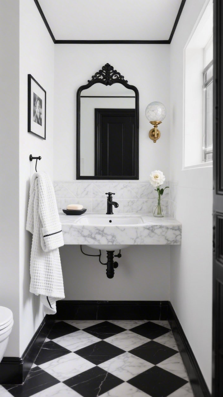 Wide shot, straight-on of a Parisian black-and-white chic small bathroom: soft white painted walls with thin black picture-frame molding, black faucet at the sink, vintage-style globe sconce with a touch of brass mounted above an ornate black-framed mirror. Peel-and-stick checkerboard floor in black and white as the focal point. Black-bordered white towels neatly folded, a waffle robe on a hook, small black-and-white photograph in a slim frame on the wall. On the counter: marble-look soap dish and a tiny bud vase with white ranunculus. High contrast, symmetrical, classic café charm.