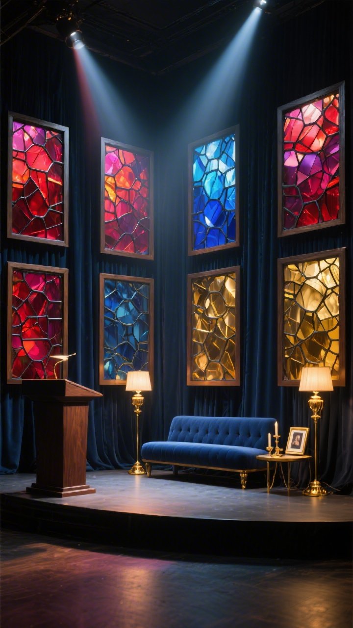 Wide shot, straight-on of “Stained Glass Revival”: oversized stained-glass-style panels made from translucent gels/acrylic in jewel tones—ruby, sapphire, gold—set in simple black or wood frames, evenly spaced across stage; strong backlighting flooding rich color beams across a deep navy backdrop curtain; pair of vintage-inspired brass floor lamps adding warm pools of light; dark wood lectern stage left, upholstered bench in midnight blue stage right; subtle gold details like candlesticks and small frames on side tables; nostalgic yet modern warmth; highly photorealistic.