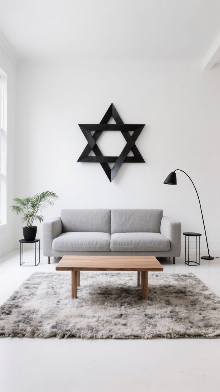 Wide shot, straight-on perspective: A modern minimalist living room with pure white eggshell walls and a low-profile, boxy pebble-gray linen sofa. Above it, a single oversized matte black Star of David metal sculpture floats like architectural art. A slim oak bench-style coffee table sits on a nubby wool rug; black steel side tables flank the sofa. A black arc floor lamp echoes the sculpture’s silhouette. A single fern in a matte black planter softens the scene. Palette strictly white, black, and oak; natural daylight for a serene, editorial mood, no people.
