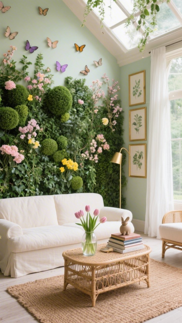 Wide shot, straight-on view: A Conservatory Chic living room featuring a full-height greenery wall densely layered with ivy and boxwood, peppered with faux spring flowers in soft blush, butter yellow, and soft lilac. Delicate butterflies scattered across the top third of the wall appear to flutter toward the ceiling. Anchor the room with a low cream linen sofa, airy rattan coffee table, and natural tan jute rug. Include a slim brass floor lamp, sheer white curtains, and botanical prints in gold frames. On the coffee table: a clear glass vase with faux tulips, a stack of botanical books, and a single ceramic bunny. Soft natural daylight filters through, creating a calm cream, sage, blush, and tan palette. Photorealistic.