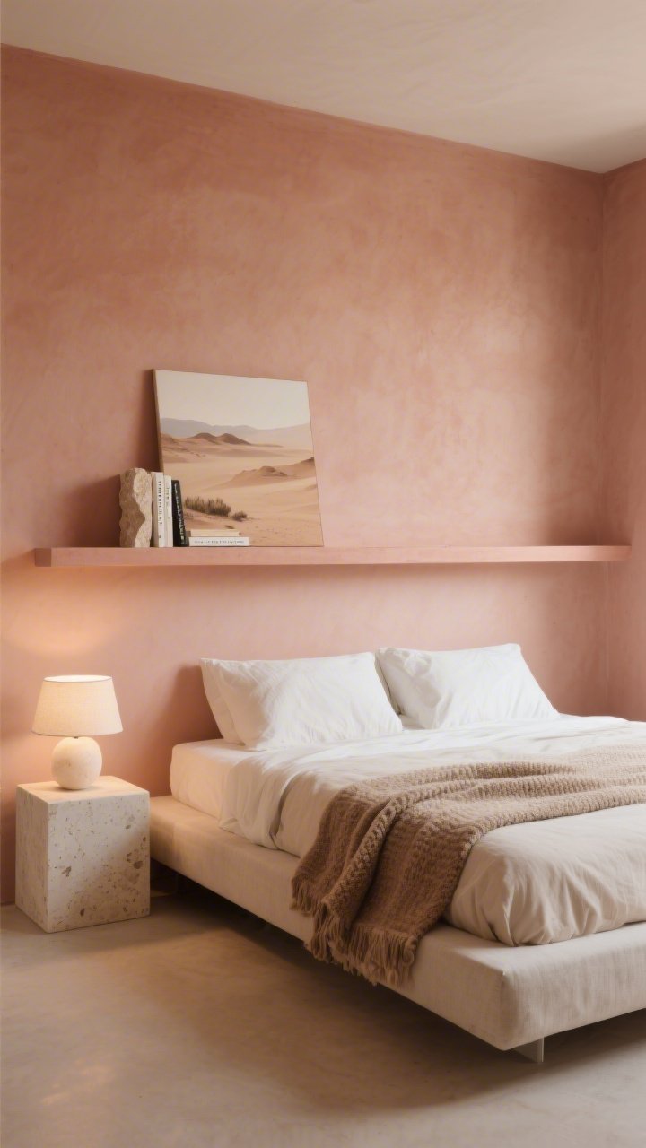 Wide shot, straight-on view: A desert-toned bedroom with a low-profile flax linen bed beneath a long, slim floating shelf painted to match the wall in pale terracotta or dusty blush; the shelf acts as a headboard extension, styled with a softly hued neutral landscape print leaning, a single travertine bookend with two slim poetry books, and a small alabaster lamp emitting a dim, calming glow; palette terracotta, sand, ivory, soft brown; textures include linen bedding, a boucle throw, travertine, alabaster; floating cube nightstands keep floor space open; whisper-quiet, cocooning mood with evening-level ambient lighting.