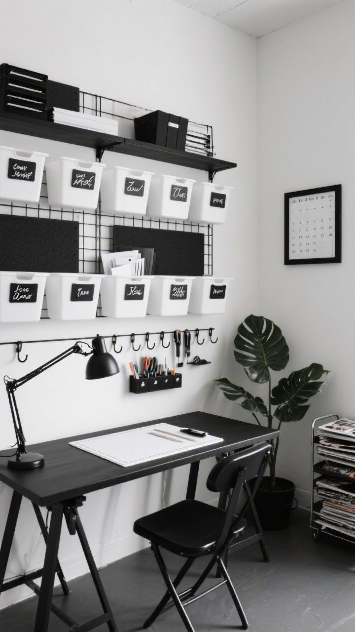 Wide shot, straight-on view: A modern monochrome craft atelier with black, white, and matte charcoal palette. A wall lined with black wire racks holding white plastic bins divided by foam boards for paper and vinyl. Each bin features black peel-and-stick labels hand-lettered in white. A folding black table serves as the workstation with a pristine white cutting mat and a sleek black desk lamp. Matte-black spray-painted hooks hold tools, stacked black magazine files sit neatly, and a faux fiddle-leaf plant anchors the corner. A minimalist black-framed calendar hangs on the wall. Clean, even studio lighting, photorealistic finish.