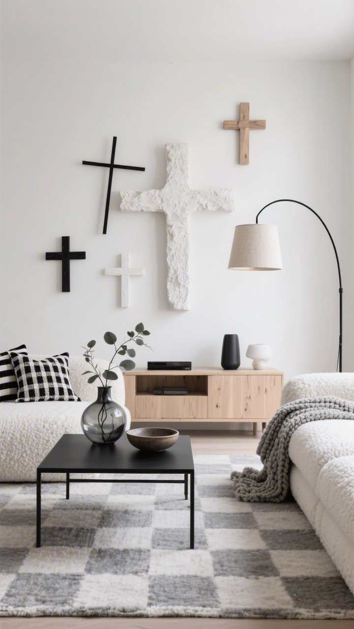 Wide shot, straight-on view: A modern monochrome living room in warm whites, soft grays, and matte black. Low-slung ivory boucle sofa, gray micro-check rug, black-and-white grid pillows, chunky knit throw. Pale oak media console with a sculptural cross wall above: asymmetrical mix of thin black metal crosses, white oak crosses, and one oversized plaster cross with textured limewash finish. Black steel coffee table styled with a smoky glass vase, ceramic bowl, and a single eucalyptus branch. Slim black arc floor lamp with a linen drum shade casts soft, even light. Minimalist, intentional mood, photorealistic.