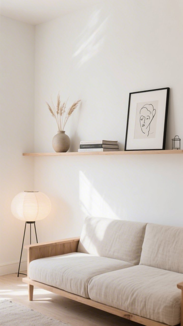 Wide shot, straight-on view: A sunlit Nordic calm living room with a warm white wall and a long pale oak floating shelf above a low-profile oat-colored linen sofa; styling on the shelf in groups of three—left: a single brushed ceramic vase with dried reeds, center: two stacked linen-bound art books, right: one framed black line drawing leaning casually; a slim oak console beneath anchors the wall; palette of warm whites, pale oak, greige, and matte black accents (thin frame, small metal object); textures include linen upholstery, brushed ceramics, and matte black metal; soft natural daylight plus a paper lantern floor lamp glowing gently in a corner; negative space and uncluttered, serene mood.