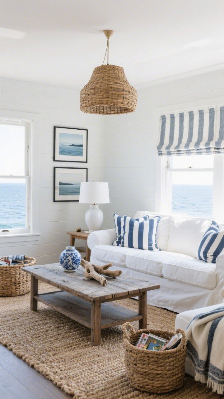Wide shot, straight-on view of a breezy Nantucket-inspired living room: white slipcovered sofa with navy-and-white striped pillows, chunky jute rug under a weathered oak coffee table styled with blue-and-white ceramics; cloudy white walls with the palest gray-blue undertone, seascape prints in thin black frames; oversized rattan pendant overhead and a white ceramic lamp on a side table; woven baskets with throws and magazines; window dressed with a striped Roman shade; a couple of driftwood pieces on the coffee table; bright natural daylight creating a crisp, calming, timeless atmosphere.