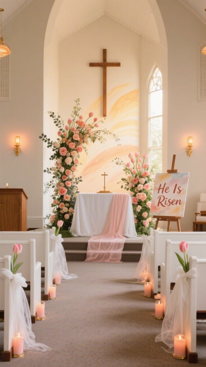 Wide shot, straight-on view of a church sanctuary styled as a Garden Sunrise Sanctuary: ivory linen-draped altar with a muted blush runner; asymmetrical floral pillars framing the cross with tulips, ranunculus, peach roses, and trailing eucalyptus kept low and airy; white pew seating with loose white chair sashes, each tied with a single tulip at the knot; amber uplights glowing at both chancel corners and battery tea lights lining the aisle bases; a watercolor-style “He Is Risen” sign on a wooden easel near the front and soft gauze ribbons on pew ends. Color palette of buttercream, blush, soft coral, and pale gold; early-morning, warm hopeful mood; photorealistic, naturally radiant lighting.