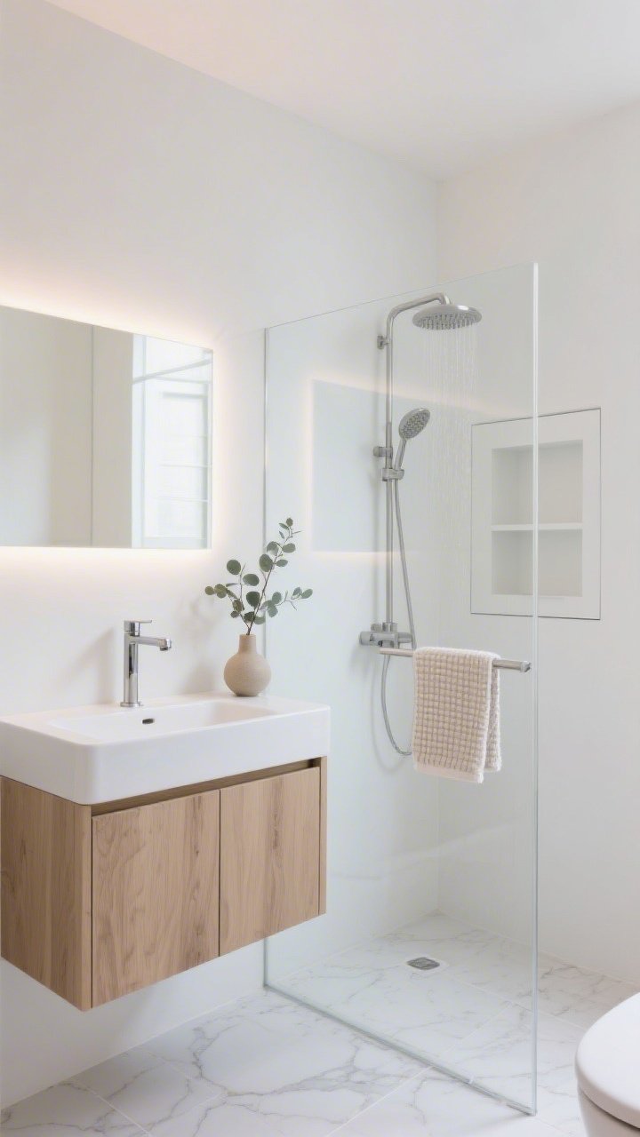 Wide shot, straight-on view of a cloud-white minimalist small bathroom: soft matte white walls, floating oak vanity with flat-panel doors, thin pencil wall spout over a simple basin, frameless glass shower enclosure that visually disappears, pale porcelain floor tiles with subtle stone veining, a slim backlit mirror casting a diffuse spa-like glow, brushed nickel rain shower head inside, recessed medicine cabinet with integrated shelves, one linen waffle towel on a minimal rail, single ceramic bud vase with a sprig of eucalyptus; bright, even natural daylight mixed with soft backlighting; photorealistic, serene, uncluttered.