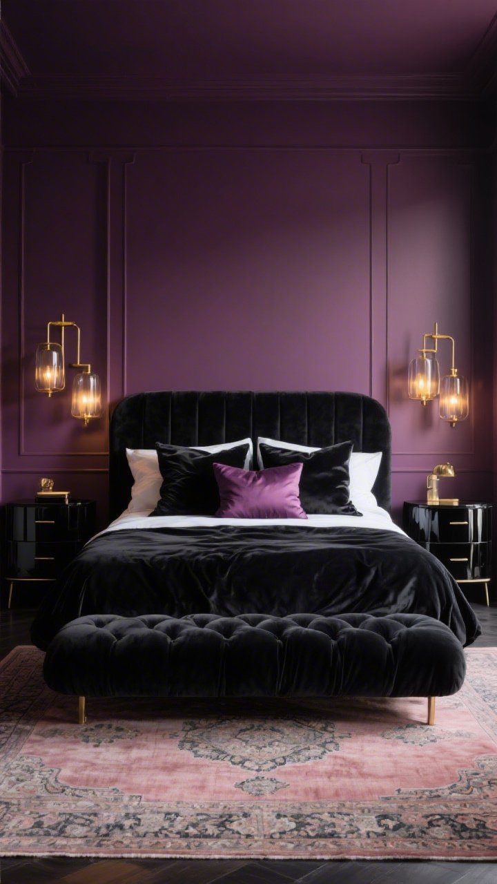 Wide shot, straight-on view of a luxurious bedroom with deep plum-painted walls and an ink-black velvet, low-slung upholstered bed layered with satin pillows in blackberry and mauve; brushed brass wall sconces with smoked glass shades casting a warm buttery glow; a vintage-style Persian rug in dusty rose and charcoal at the foot of the bed; high-gloss black nightstands reflecting subtle sheen; moody, romantic atmosphere, no people, photorealistic.