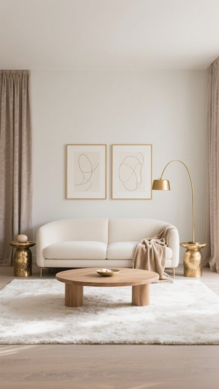 Wide shot, straight-on view of a Minimalist Champagne Living Room: a creamy eggshell streamlined sofa with crisp lines sits on a plush ivory wool rug, grounded by a low-profile oak coffee table; brushed-gold arc lamp curving over one side, a pair of hammered brass side tables flanking the sofa, and slim gold picture frames with abstract line art on soft neutral walls; pale taupe linen curtains puddle slightly at the floor; a champagne velvet throw draped casually; matte finishes on main pieces with glittering metal accents catching soft afternoon light; color palette of ivory, taupe, soft champagne, and brushed gold; photorealistic, serene and softly glowy.