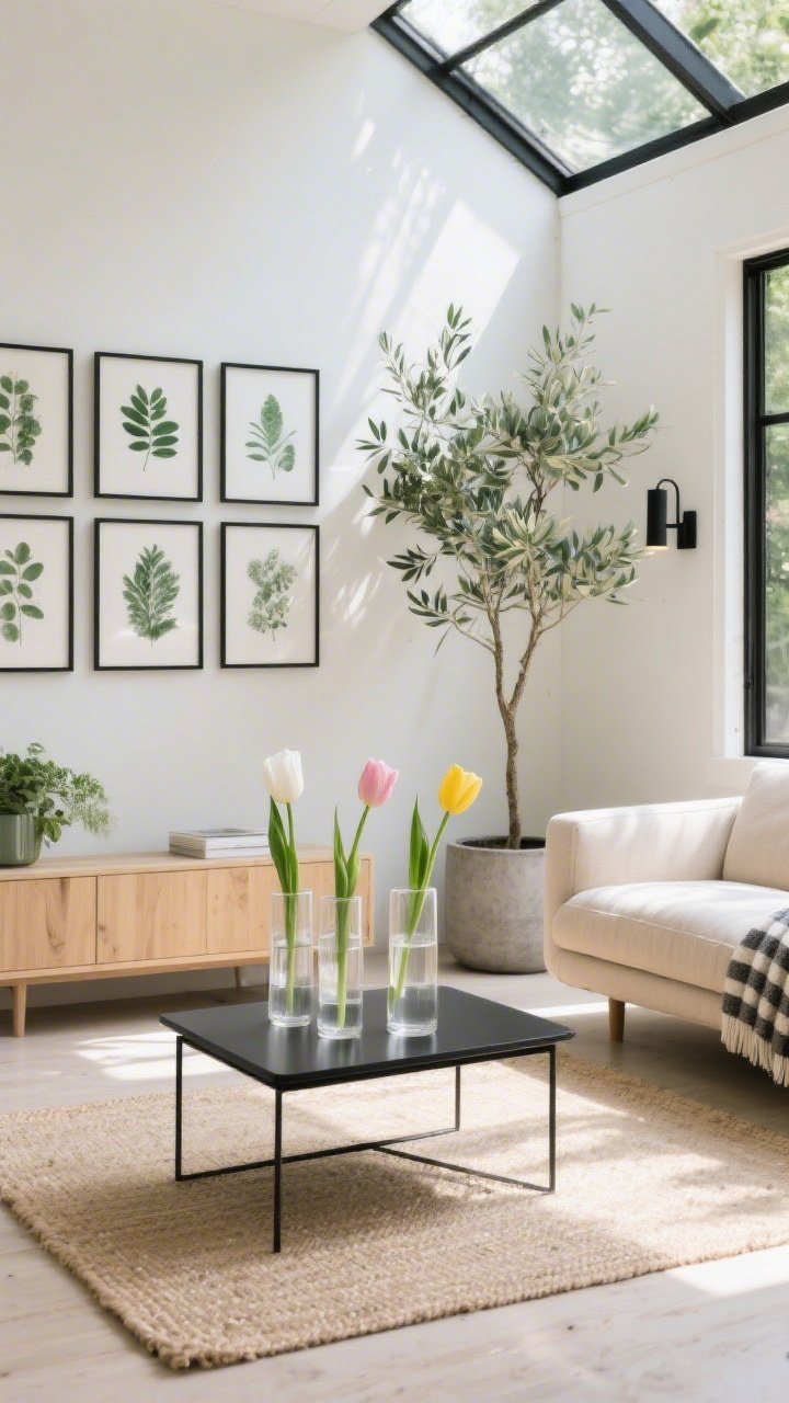 Wide shot, straight-on view of a Modern Greenhouse Living Room: sun-washed neutral space with a low-profile oatmeal linen sofa, slim black metal coffee table centered on a pale jute rug, light wood sideboard, and a wall grid of slim-framed botanical prints; a cluster of three clear cylinder vases on the coffee table with single-stem tulips in white, blush, and butter yellow at staggered heights, stems arcing naturally in water; a tall olive tree in a concrete planter near the corner, simple black sconces, and a striped throw on the sofa; color palette of oatmeal, black, eucalyptus green, and white; bright natural daylight pouring in, clean lines, curated greenery, photorealistic.