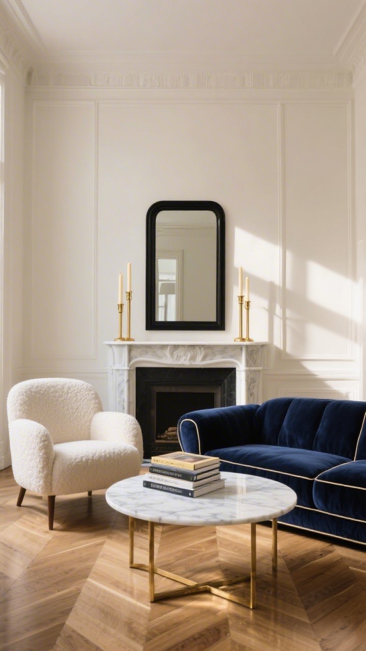 Wide shot, straight-on view of a Modern Parisian living room: cream walls, tall ceilings, deep-navy velvet sofa with piping, round white marble coffee table centered, herringbone wood floors, a cream boucle accent chair, stack of art books on the coffee table. On the mantel, a classic black-framed mirror flanked by a pair of tall, slender gold candlesticks with creamy tapers catching late-afternoon sunlight. Palette: cream, deep navy, soft gold, charcoal. Textures: velvet, marble, linen, brushed brass. Photorealistic, warm natural daylight with subtle reflections on brass.