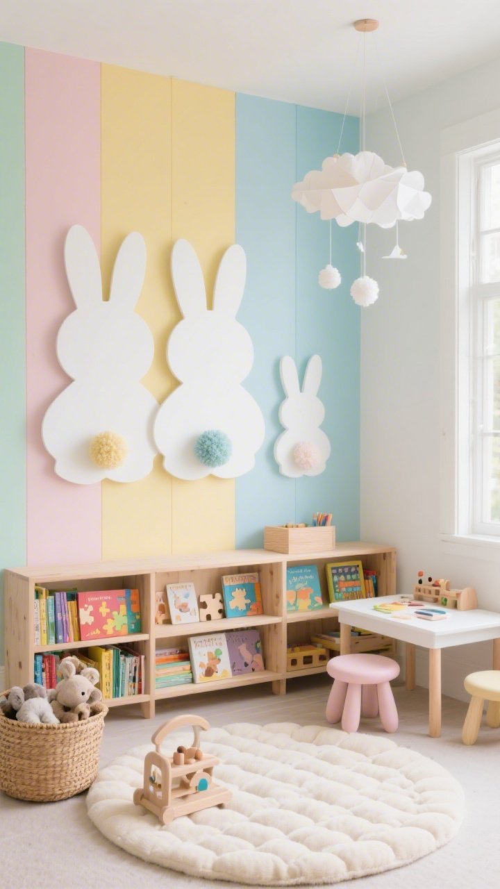Wide shot, straight-on view of a pastel playroom nook: a wall of soft pastel panels in vertical sorbet stripes (mint, blush, butter yellow, sky blue) with three oversized matte-white bunny cutouts overlapping like a family, each with tactile pom-pom cotton tails. A low birch bookshelf filled with color-sorted picture books and wooden puzzles anchors the wall. On the floor: a round tufted cream play mat and a rattan toy basket with stuffed animals. A tiny white craft table with two pastel stools sits to the side. A delicate paper cloud mobile drifts from the ceiling. Soft natural daylight, bright and cheerful, family-friendly, photorealistic.