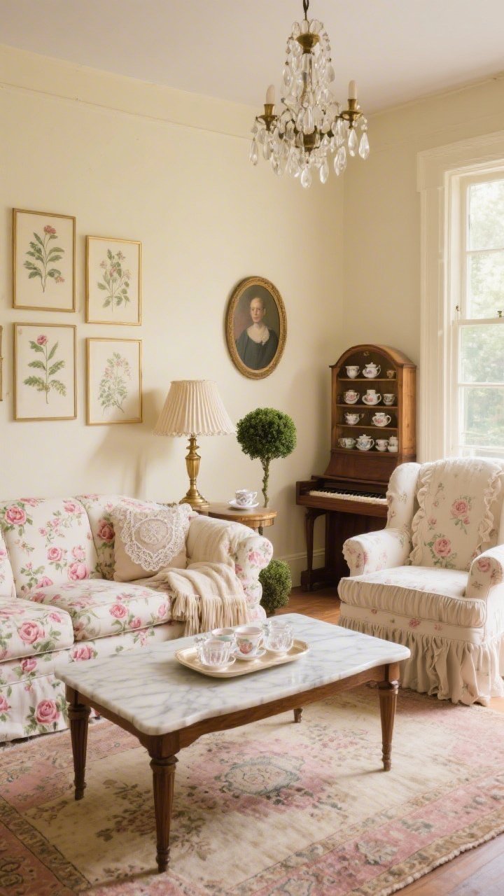 Wide shot, straight-on view of a Rose Tea Parlor Living Room bathed in soft afternoon light: buttery cream walls; a rose-print chintz sofa with needlepoint cushions and lace-trimmed throws, opposite a ruffled slipcovered armchair; a worn Turkish rug in blush and sand; marble-topped wood coffee table styled with a delicate tray of pressed-glass teacups; vintage botanicals in thin brass frames and an oval portrait on the walls; pleated silk shades on brass table lamps and a petite chandelier with crystal drops; fringed piano shawl draped over the sofa back; a curio cabinet displaying collectible teacups; tiny topiary by the window. Photorealistic, cozy, nostalgic.