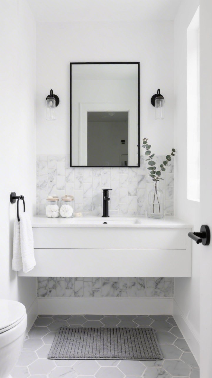 Wide shot, straight-on view of a small monochrome bathroom: crisp white walls, soft gray accents, a mini feature wall of peel-and-stick marble tiles behind a flat-front white vanity, thin black metal framed mirror above, single-handle matte black faucet and matching black hardware. Light gray hex peel-and-stick floor tiles, slim black sconce with frosted glass flanking the mirror, plush white towels on a black hook, ribbed gray bath mat. On the vanity: a clear glass canister trio with cotton rounds and soaps, a skinny vase holding a single eucalyptus branch. Photorealistic, bright, boutique-hotel vibe.