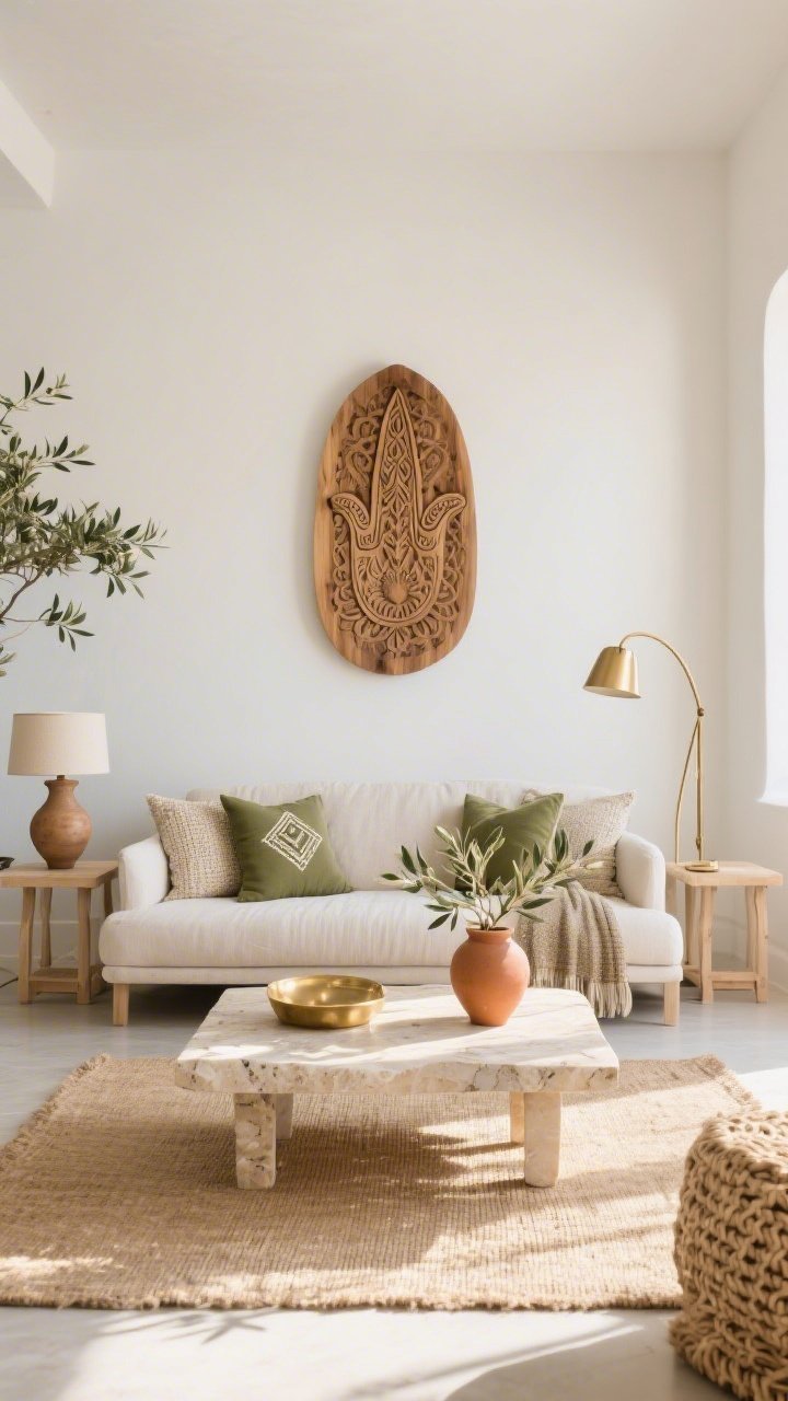 Wide shot, straight-on view of a sun-washed Modern Mediterranean living room: oversized carved wood Hamsa wall panel in natural oak centered above a linen sofa; color palette of sand, chalk white, olive green, and brushed brass; jute rug under a travertine coffee table; textured pillows with subtle geometric embroidery; sculptural brass floor lamp and two ceramic table lamps on pale wood side tables; woven throw and olive branches in a terracotta vase; bright natural daylight, calm coastal warmth, photorealistic.