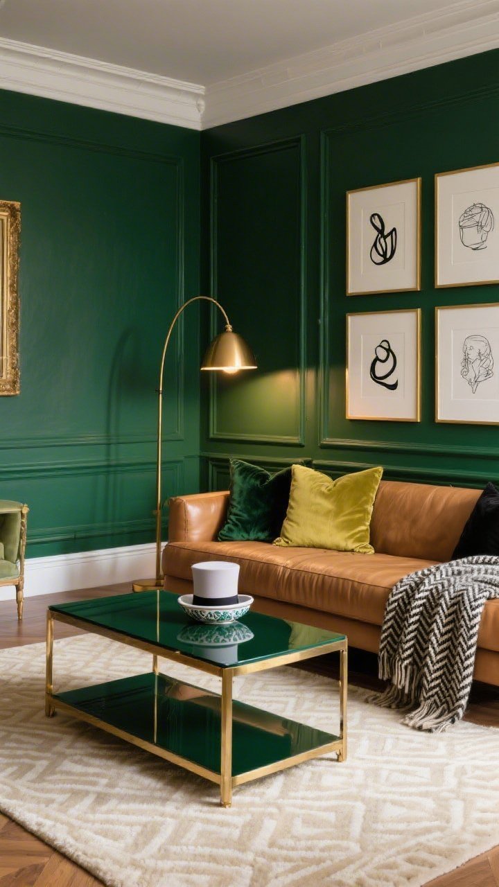 Wide shot, straight-on view of an elegant Emerald Parlour: deep emerald walls with crisp white trim, a low-slung camel leather sofa, brushed brass arc floor lamp, lacquered coffee table with a sleek frame, gallery wall of black-and-white line art in thin gold frames. Style the coffee table with a small porcelain top-hat trinket dish. Add textiles: herringbone wool throw, velvet cushions in forest, chartreuse, and black. On the floor, a cream rug with a subtle geometric pattern. Warm, evening ambient lighting glinting off brass and lacquer. Photorealistic.
