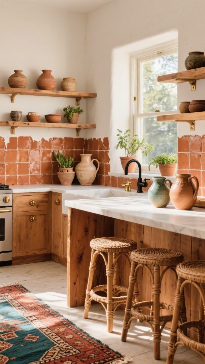 Wide shot: Sun-Drenched Terracotta kitchen with open wood shelving styled with hand-thrown ceramics, a terracotta zellige tile backsplash with imperfect edges catching bright natural light, woven bar stools at a warm wood island, a vintage Persian runner in rust and teal along the floor, ceramic pitchers grouped as functional decor, herb pots on the window sill, and finishes in aged brass pulls with a matte black faucet.
