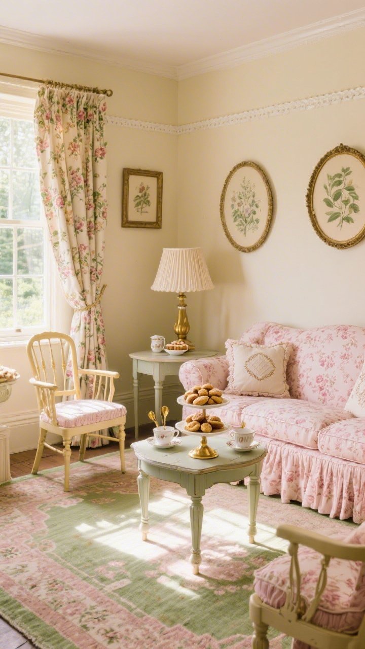 Wide shot, sunlit Cottage Tea Salon: a cozy English-cottage living room with warm cream walls and ivory trim, a rolled-arm skirted sofa in rose chintz upholstery, spindle accent chairs, floral drapes, and botanical prints in oval frames. A faded Persian rug in blush and mossy green anchors the room. In the center, a petite gateleg table serves as a tea station with fluted teacups, brass teaspoons, and a cake stand of faux scones. Nesting side tables hold a pleated linen lampshade and needlepoint pillows on the sofa. Soft afternoon natural light, soft gold accents, nostalgic, tidy yet layered.