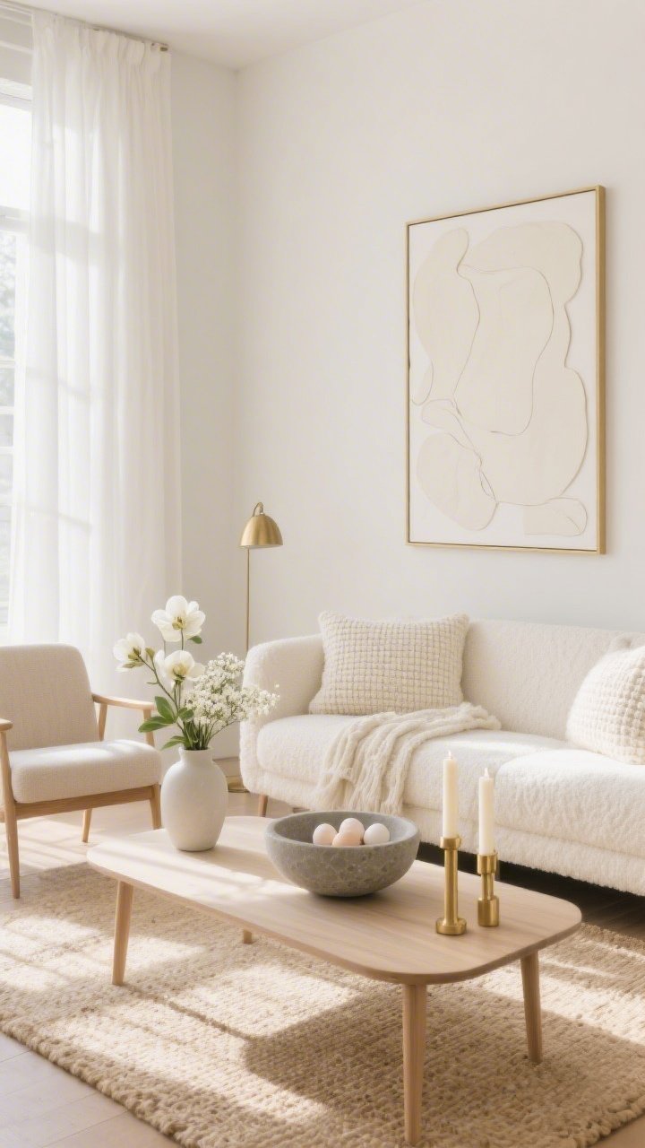 Wide shot, sunlit living room in a minimalist neutral palette: ivory linen curtains filtering daylight, cream boucle sofa with a nubby throw and waffle-knit pillows, beige jute rug, slim oak side tables, a flax armless accent chair, and a brushed brass lamp. Centered coffee table holds a matte stone bowl with pale eggs (porcelain, chalk-painted, and light wood), a low vase of white hellebores and baby’s breath, and two slim gold taper candles. On the wall, an oversized cream-on-cream abstract in a thin gold frame. Soft, airy, gallery-like mood; no people; photorealistic.