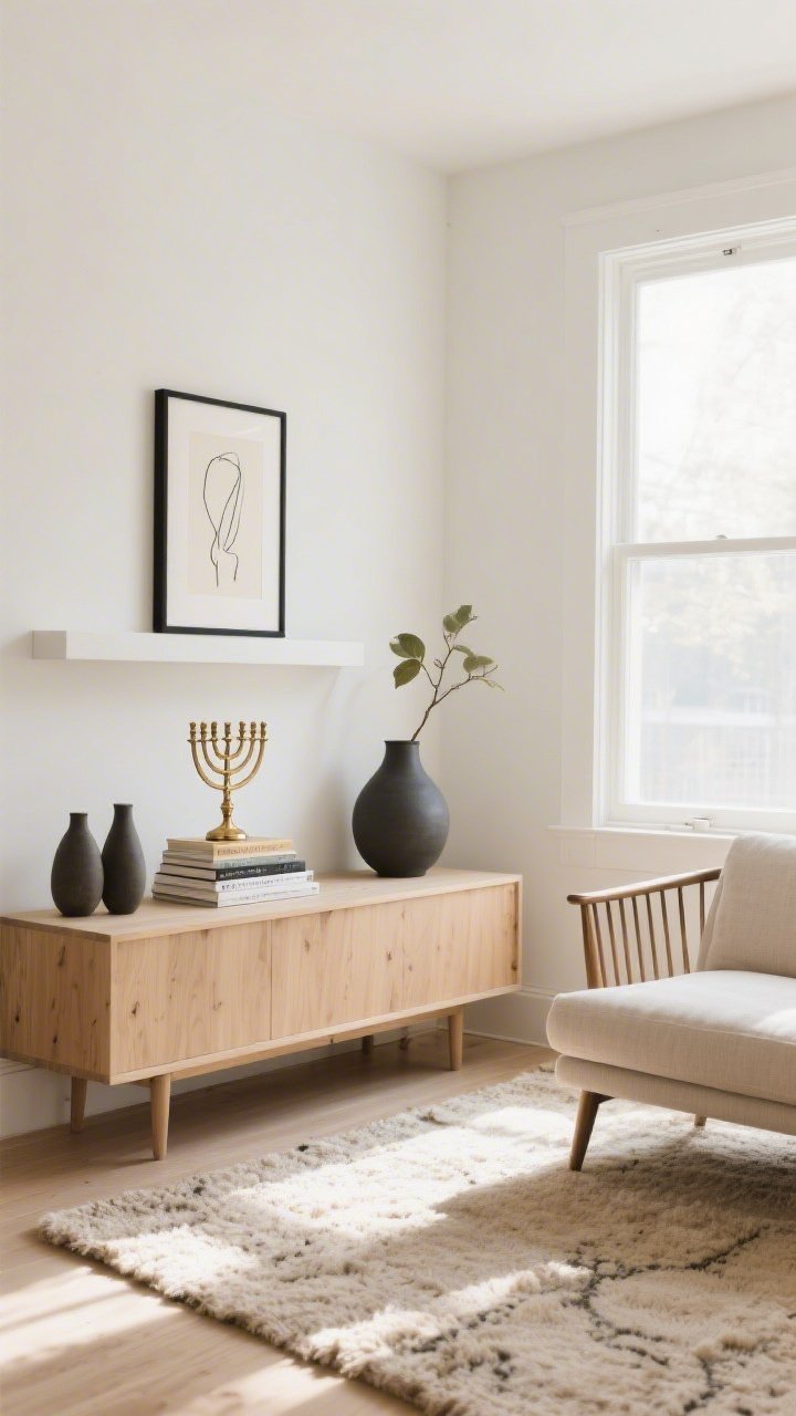 Wide shot, sunlit minimalist living room: a low-profile pale oak console beneath a large bright window, warm white walls, a floating shelf above. Slightly off-center brushed brass menorah perched on a tiny stack of art books, flanked by two matte ceramic vases; a slim black-framed line drawing on the shelf and a single leafy branch. Nubby oatmeal wool rug under a low-profile linen sofa and a spindle-armed accent chair; subtle charcoal accents. Airy natural daylight, clean lines, photorealistic.