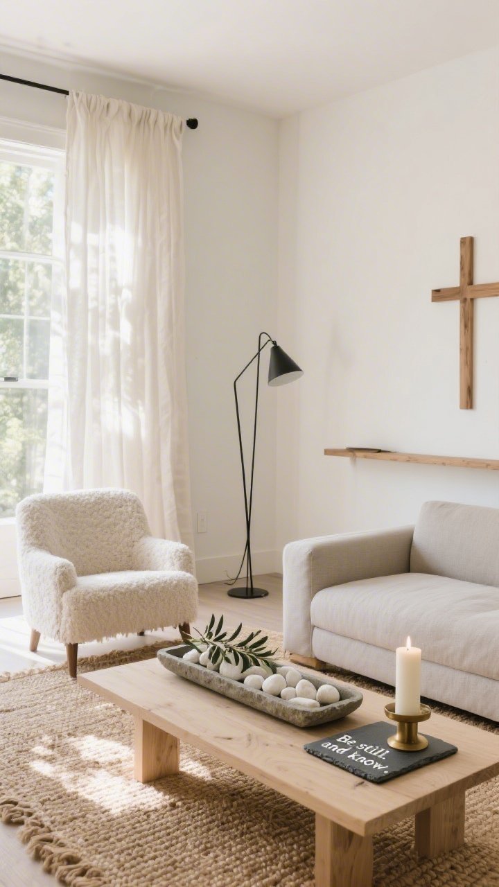 Wide shot, sunlit sacred minimalist living room in warm-neutral palette (linen, oat, sand): white walls, soft greige low-profile sofa, boucle accent chair, slim black metal floor lamp, woven jute rug, raw-edge linen curtains. Center focus on pale oak coffee table holding a long, low stone trough filled with smooth white river rocks, a few sprigs of fresh olive branches, and a hand-etched slate tile reading “Be still, and know.” A single ivory taper candle in a matte brass holder glows softly. Include a narrow console with a simple natural-wood cross silhouette. Photorealistic, serene mood, clean lines, natural daylight streaming in.