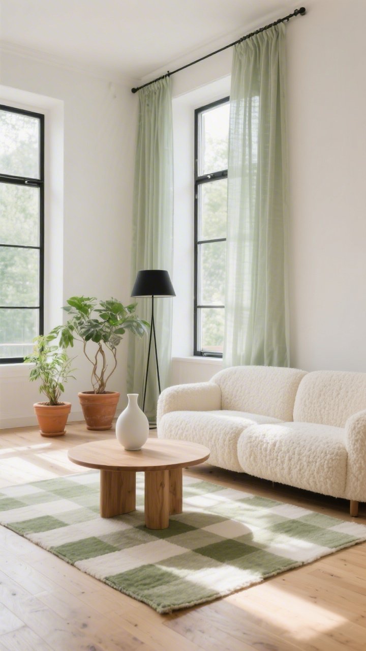 Wide shot, sunlit Scandinavian living room: tall windows with sheer sage linen curtains filtering natural light onto pale ash wood floors; a low-profile cream boucle sofa centered on a sage-and-ivory checkered rug; rounded oak coffee table styled with chalky white ceramic vases; matte black floor lamp; two terracotta planters with sculptural greenery; soft white warm-toned walls with black metal frames; textures emphasized—linen, boucle, light-grain wood; calm, airy, minimal Scandi vibe; no people; photorealistic.