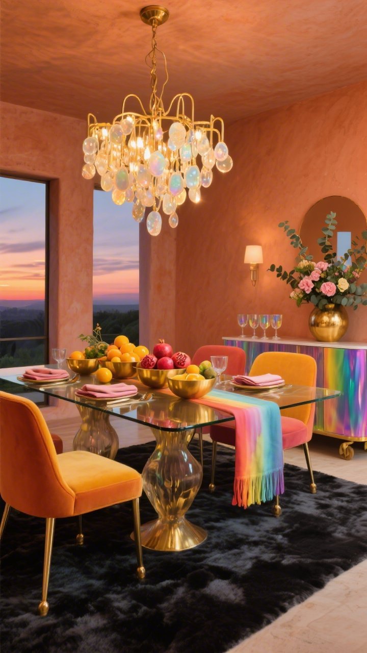 Wide shot, “Sunset Dining Room With Gilded Glass And Color Drip”: terracotta plaster walls glowing warm; smoked glass dining table centered beneath a cascading brass-and-opal chandelier like rising bubbles; dining chairs upholstered in papaya, marigold, and raspberry with brass-capped legs; a rainbow-tinted bar cart with iridescent coupes to the side; centerpiece of clustered gold bowls filled with citrus and pomegranates; ombre linen runner and color-dipped napkins; low-pile charcoal rug grounding the scene; sculptural gold pot on the credenza brimming with eucalyptus and ranunculus; photorealistic, evening ambient glow with chandelier highlights, celebratory mood.