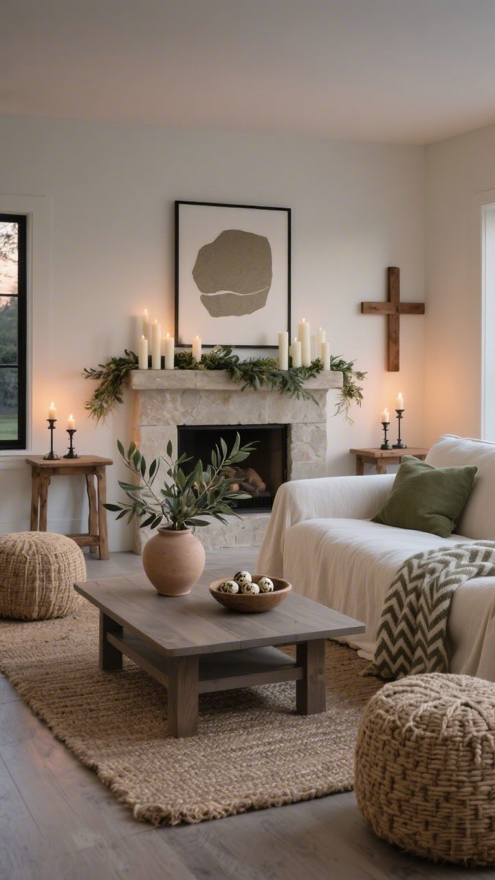 Wide shot, tranquil living room at dusk with soft candlelight: a linen slipcovered sofa in cream, muted olive and cream palette, low-profile matte wood coffee table centered on a jute rug; mantel styled with a simple wooden cross, eucalyptus garland, and clusters of unscented ivory pillar candles in staggered heights; subtle wall art—a single taupe-and-stone abstract in a thin black frame; oak side tables with iron candleholders, jute poufs, a washed clay vase holding olive branches, and a woven herringbone throw draped over the sofa arm; a small bowl of speckled quail eggs on the coffee table; color story of olive, cream, stone, and a whisper of charcoal; soft, warm ambient lighting, photorealistic, no people.