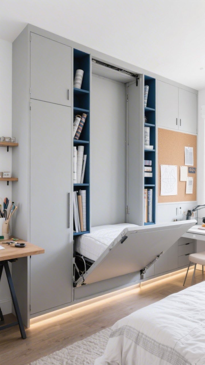 Wide shot, Vertical Wall Bed Craft Studio: a Murphy bed unit centered on the wall in soft gray cabinetry with white walls and navy accents, tall flanking cabinets with a fold-out craft table swung down from a side panel, cork board insets for pinning patterns, vertical cubbies storing paper and vinyl rolls, slim under-cabinet LED lighting for a bright workspace; guest-ready room converts to studio, photorealistic, straight-on composition.