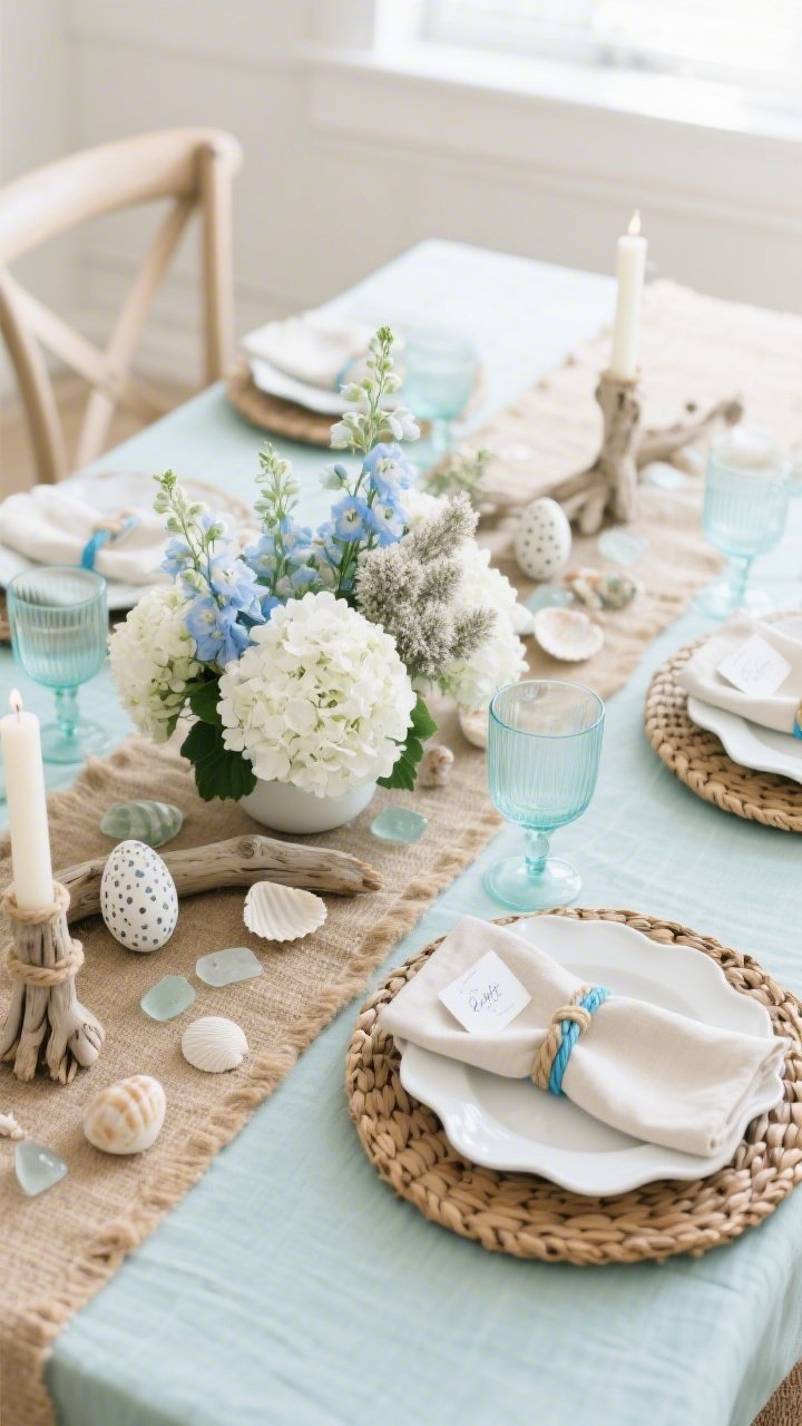 Wide shot with gentle coastal daylight: A table covered in light seafoam linen with a natural jute runner for sandy texture. Centerpiece of white hydrangeas, pale blue delphinium, and dusty miller in a loose, breezy arrangement, sprinkled with shells and frosted sea glass. White plates with wavy organic rims on woven rattan chargers, paired with light aqua stems or clear highballs. Sand-colored napkins with a thin blue edge anchored by rope-style rings. Driftwood-style candleholders with ivory tapers and matte ceramic egg place cards in speckled shell tones completing a relaxed coastal Easter scene.