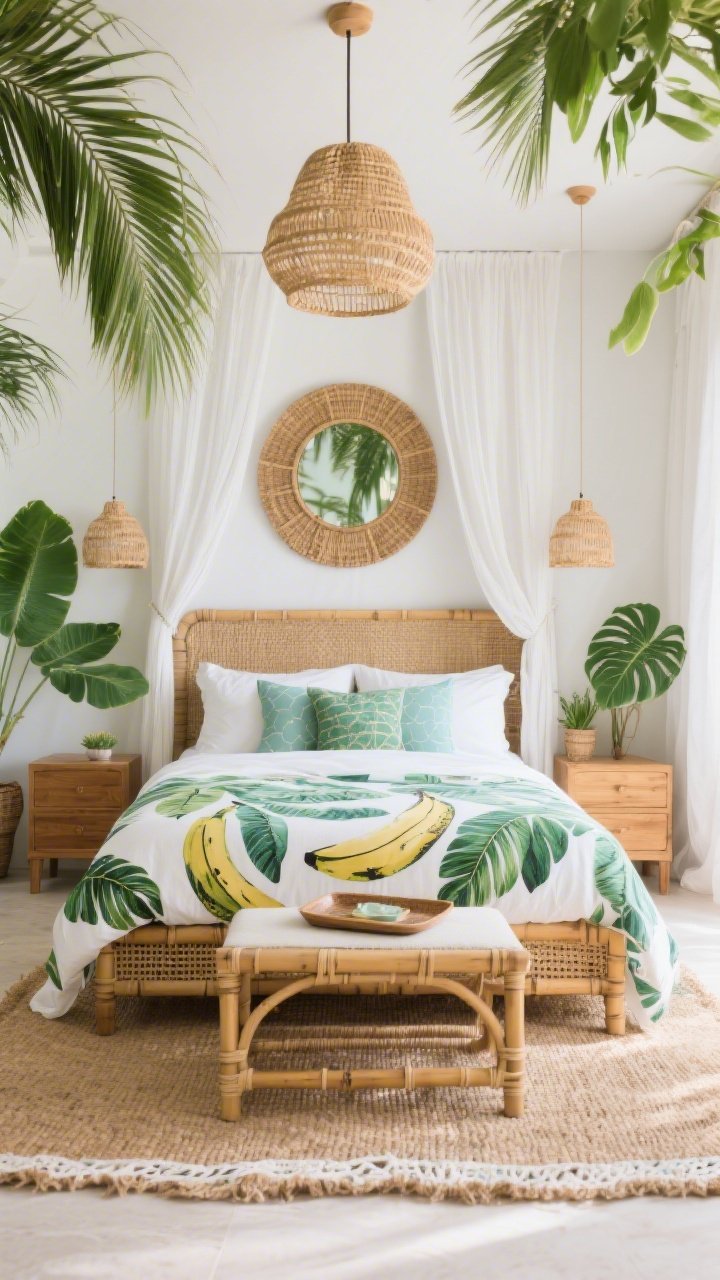 Wide shot with lush layers: Tropical tide bedroom featuring a teak or rattan bed with crisp white sateen sheets and a bold banana leaf print duvet. Bamboo nightstands on either side, topped by woven pendant lights hanging overhead. Color notes of emerald, palm, and sea-glass layered over white throughout accents and pillows. Woven seagrass rug with a cotton border, rattan mirror on the wall, lacquered tray on a nightstand. Live plants—areca palm and monstera—frame the scene; sheer white drapes billow slightly. Warm resort-style daylight filtering through, photorealistic.