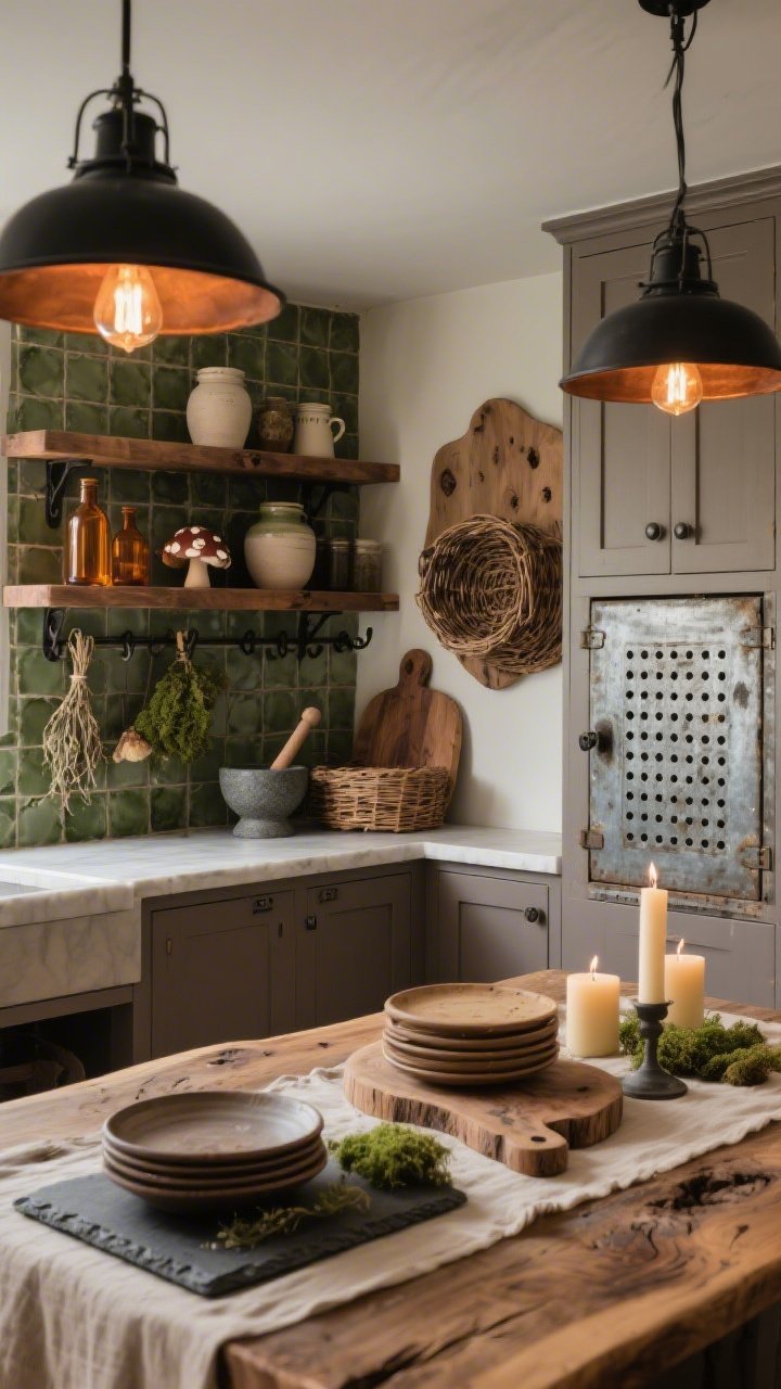 Wide shot, woodland pantry kitchen: mushroom taupe base cabinets with live-edge oak countertops showing knots; backsplash of moss-toned zellige tiles with subtle variation; open walnut shelves holding stoneware jars, amber glass bottles, cast-iron mortar and pestle; vintage pie safe with tin-punched doors; woven willow basket wall installation adding texture; table vignette with linen runner, beeswax taper candles, stack of hand-thrown plates, slate cheese board; iron hooks with small foraged bundles; palette mushroom, moss, walnut, soot; blackened steel pendants with warm Edison bulbs casting amber light; cozy, woodsy mood, corner perspective.