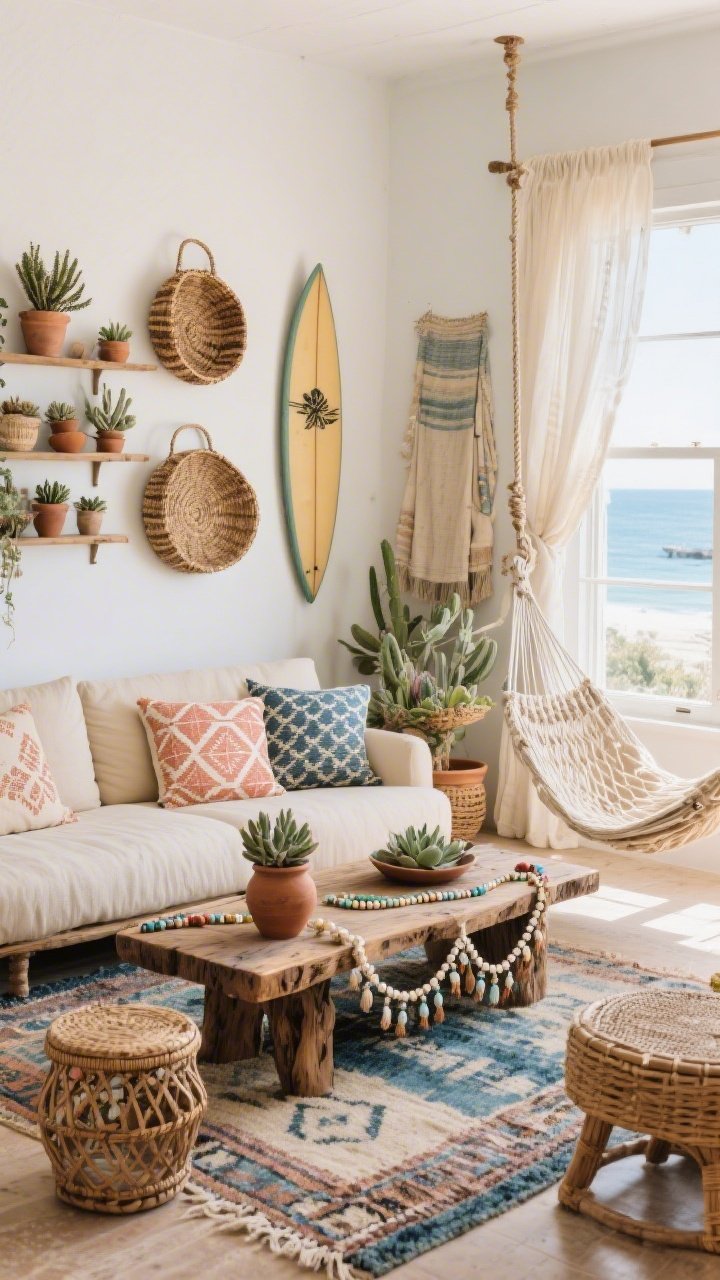 Wide, slightly angled view of a coastal boho living room with collected finds: creamy, low-slung sofa layered with block-printed pillows in sand, coral, and indigo; vintage kilim or overdyed rug; live-edge wood coffee table styled with beaded garlands and clay pots; hammock chair or macramé swing and a rattan stool; wall decor of woven baskets, a surfboard-as-art, and sun-faded textiles; gauzy curtains at open windows; succulents in clay tucked along shelves; bright, airy, eclectic, free-spirited feel.