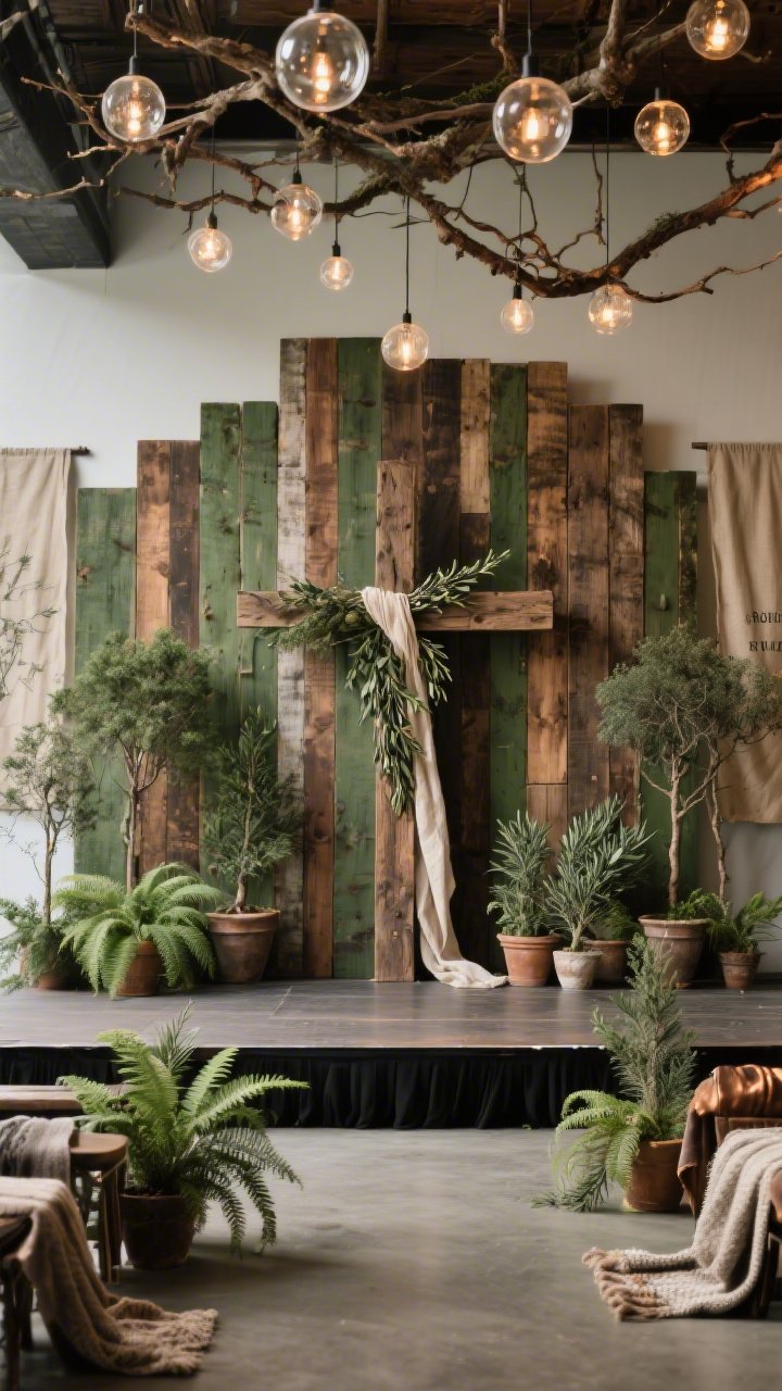 Wide, slightly elevated angle of “Rustic Woodland Revival”: backdrop of reclaimed wood slats in mixed stains arranged in vertical sections for rhythm and texture. Overhead, branch installations suspend glass orbs with tiny LEDs, creating warm points of light. Clusters of potted ferns, rosemary, and small trees sit at varying heights along the stage. Centerpiece: a rugged wooden cross wrapped lightly with linen and olive branches. Color story: moss green, walnut, linen, hammered bronze accents. Wool runners and canvas banners subtly visible to warm acoustics. Timeless, grounded, nature-forward, photorealistic.