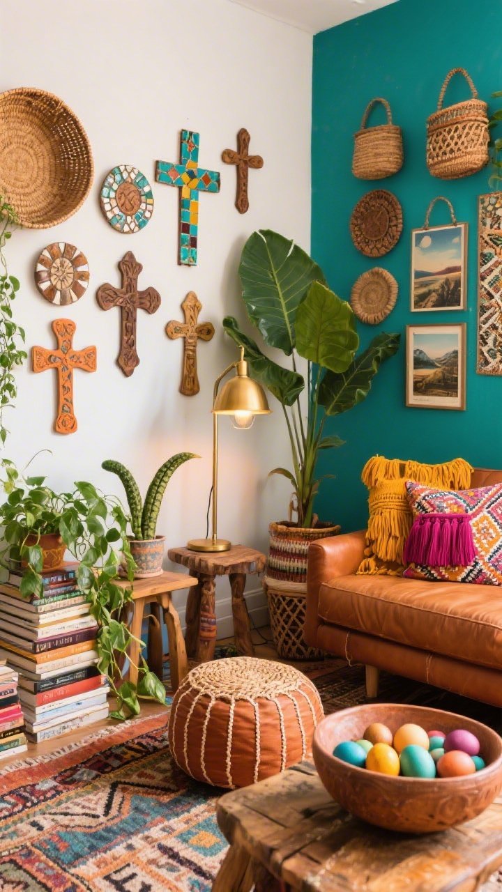 Wide, slightly elevated corner shot of an eclectic boho den: low caramel leather sofa, mismatched side tables, rattan pouf; layered rugs and stacks of books; wall arranged salon-style with a cluster of artisan crosses—painted tin, carved teak, mosaic tiles—mixed with woven baskets and travel prints; saturated color crush of terracotta, teal, marigold, fuchsia; textures of macramé, mud cloth, suzani pillows, tassels; abundant plants—trailing pothos, snake plant, and a fiddle-leaf fig for scale; brass floor lamp glowing; hand-thrown pottery bowl filled with dyed eggs on a table; warm, collected, photorealistic, no people