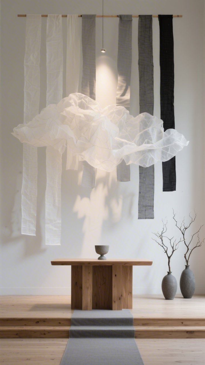 Wide, slightly low-angle chancel view featuring a soft-focus paper-and-shadow installation; hand-cut strips of vellum, tracing paper, and tissue in off-white, dove gray, and soft black hanging in varied lengths from a simple dowel to form a floating cloud-like curtain; a few charcoal-toned pieces interleaved for depth; a soft spotlight aimed to create layered moving shadows; bare wood altar below with a thin gray runner and a single stoneware chalice; three sculptural branches in matte vases to the side; airy, modern, gentle mood, photorealistic.