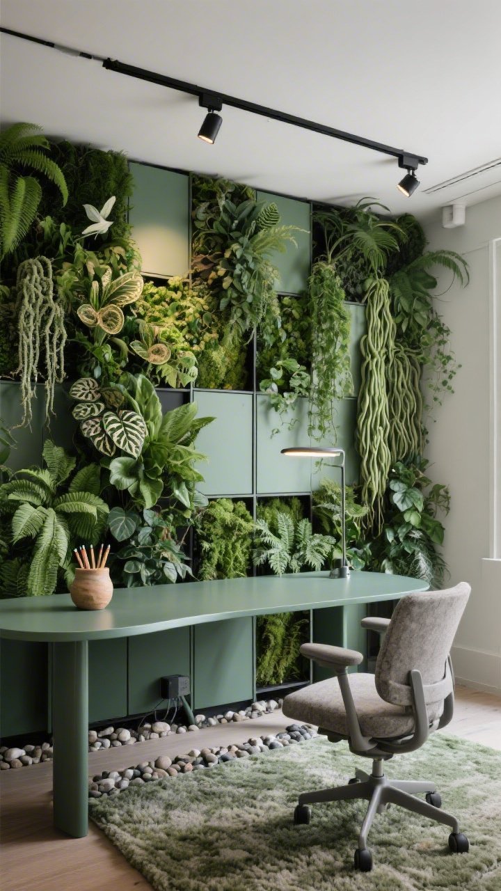 Wide, slightly off-center photorealistic shot of a biophilic studio: a full living wall as a lush tapestry using modular panels planted with creeping fig, bird’s nest ferns, fittonia, and cascading rhipsalis—layered by height with ground covers low, medium ferns mid, dramatic cascades high; integrated grow lights subtly visible and a slim black track light aimed at the greenery; a powder-coated sage desk with rounded corners and a stone-colored task chair in the foreground; hand-thrown ceramic pencil cup on the desk; pebble-toned loop pile rug underfoot; hidden irrigation hints along panel seams; palette of multiple greens, soft stone, matte black, sage; vivid, living, immersive mood.