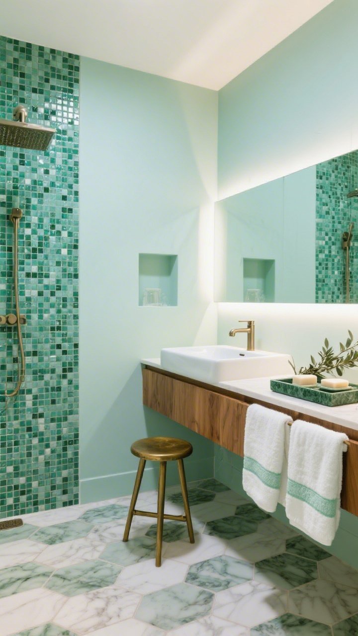 Wide spa-like bathroom shot: large-format porcelain tiles shifting vertically from mint at the ceiling to malachite near the floor; shower niche with tiny glossy mosaic squares shimmering; floating warm oak vanity with a matte white trough sink; frameless backlit mirror emitting even glow; brushed nickel faucet and hardware; slim patinated brass stool beside vanity; cloudy white towels with sage trim; green marble tray with soaps and a eucalyptus bundle; floor in tiny hex tiles marbled light and dark greens; bright, steam-fresh ambience, photorealistic