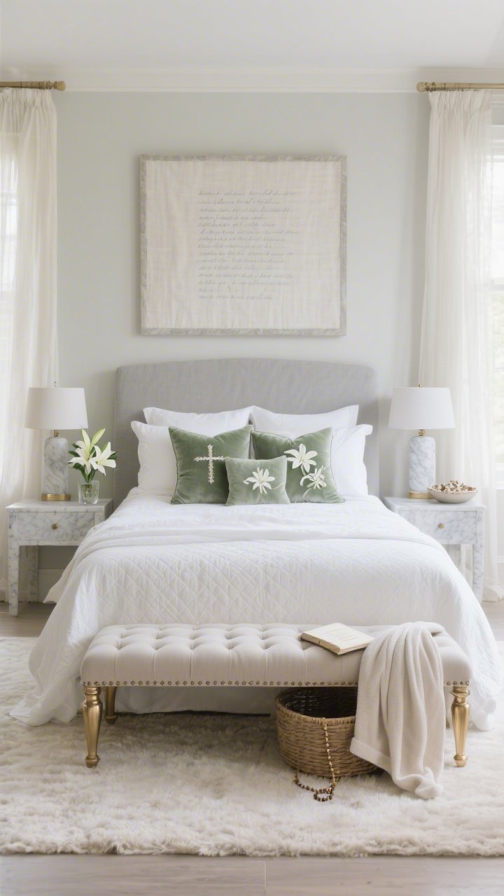 Wide, straight-on bedroom shot, Elegant Bedroom Retreat With Lily Layers: palette of soft ivory, dove gray, and lily green with hints of champagne metallic; bed dressed in crisp white sheets, quilted ivory coverlet, linen duvet folded at the foot; velvet throw pillows embroidered with delicate lily motifs and a subtle tone-on-tone stitched cross; headboard wall features a large framed linen panel with a faint gray hand-painted verse; marble lamps on nightstands, a small glass with fresh lilies, ceramic dish holding a rosary or prayer beads; tufted bench at the foot with a basket containing a soft robe and devotional journal; gauzy curtains catching morning light, pale wool rug underfoot; restful, refined, hopeful atmosphere; no people, photorealistic.