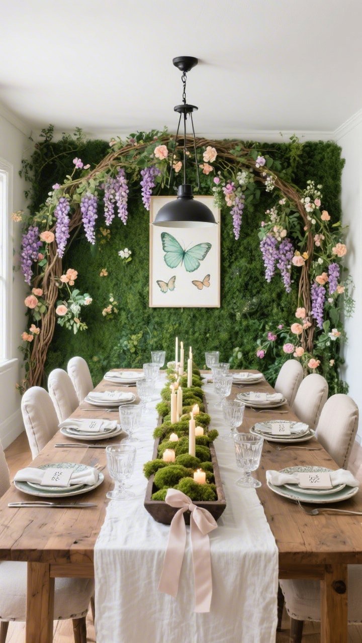 Wide, straight-on dining scene: A Garden Party dining room with a sweeping greenery wall behind a long oak table, woven with cascading wisteria and sprinkled faux spring flowers in pastel lavender, peach, and mint. Watercolor butterflies subtly appear on wall art and on place name cards at each setting. Furniture: linen slipcovered chairs and a modern black chandelier for contrast. Table styling: white linen runner, layered ceramic plates, vintage silver, etched glassware, and pale ribbon-tied napkins. Centerpiece: a low trough planter with faux moss, mini bulbs, and taper candles. Natural daylight, soft and photogenic. Photorealistic.