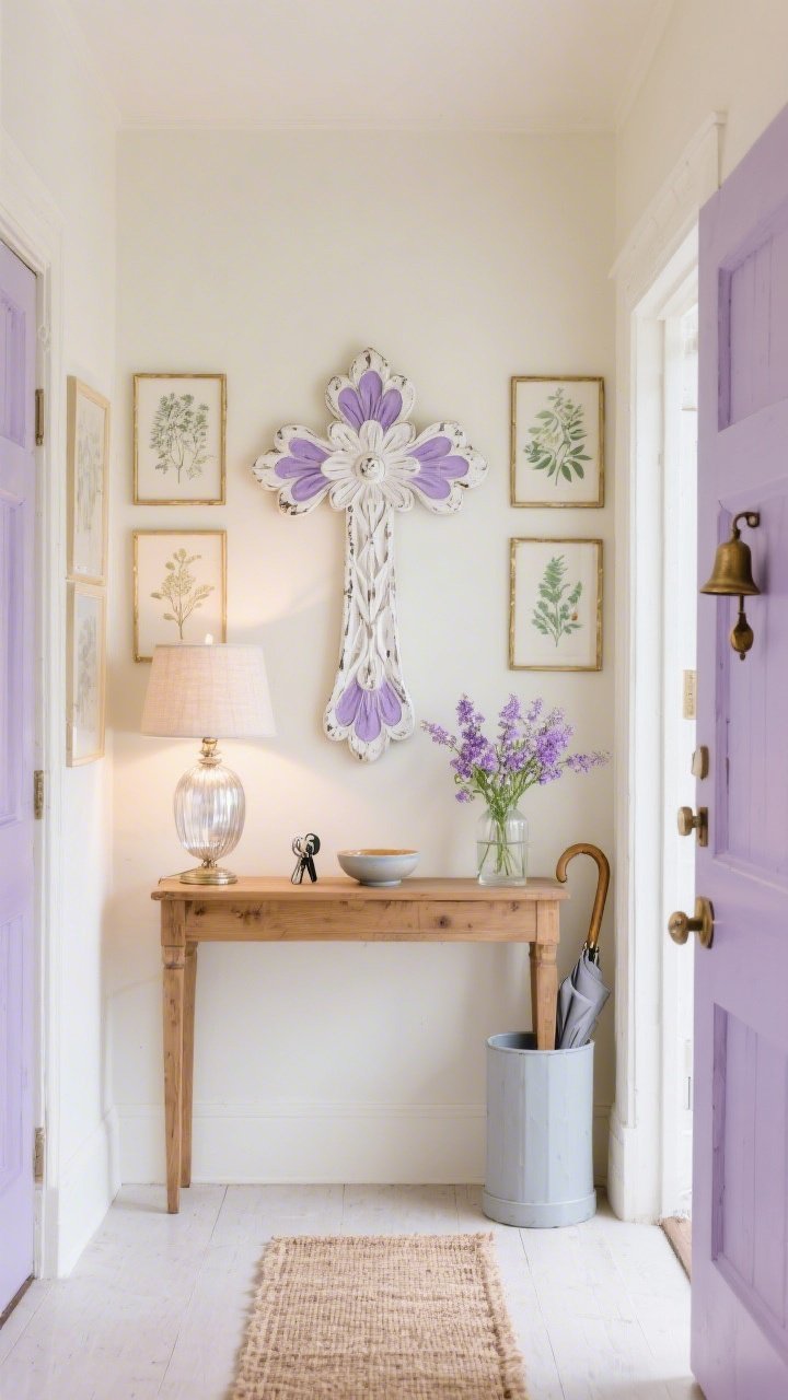Wide, straight-on entryway scene bathed in soft lavender and cream light: a slim natural wood console table against a cream wall, centered above it a distressed white carved floral cross with raised petal detailing brushed in muted purple highlights; flanking the cross, a balanced botanical print gallery in thin brass frames; on the console, a mercury glass lamp with a linen shade glows warmly beside a small bowl for keys and a petite vase of fresh lilac sprigs; a narrow jute runner on pale floors and a pale gray umbrella stand near the door; palette of cream, soft lavender, warm wood, brushed brass; photorealistic cottage charm, subtle vintage bell door chime by the door.